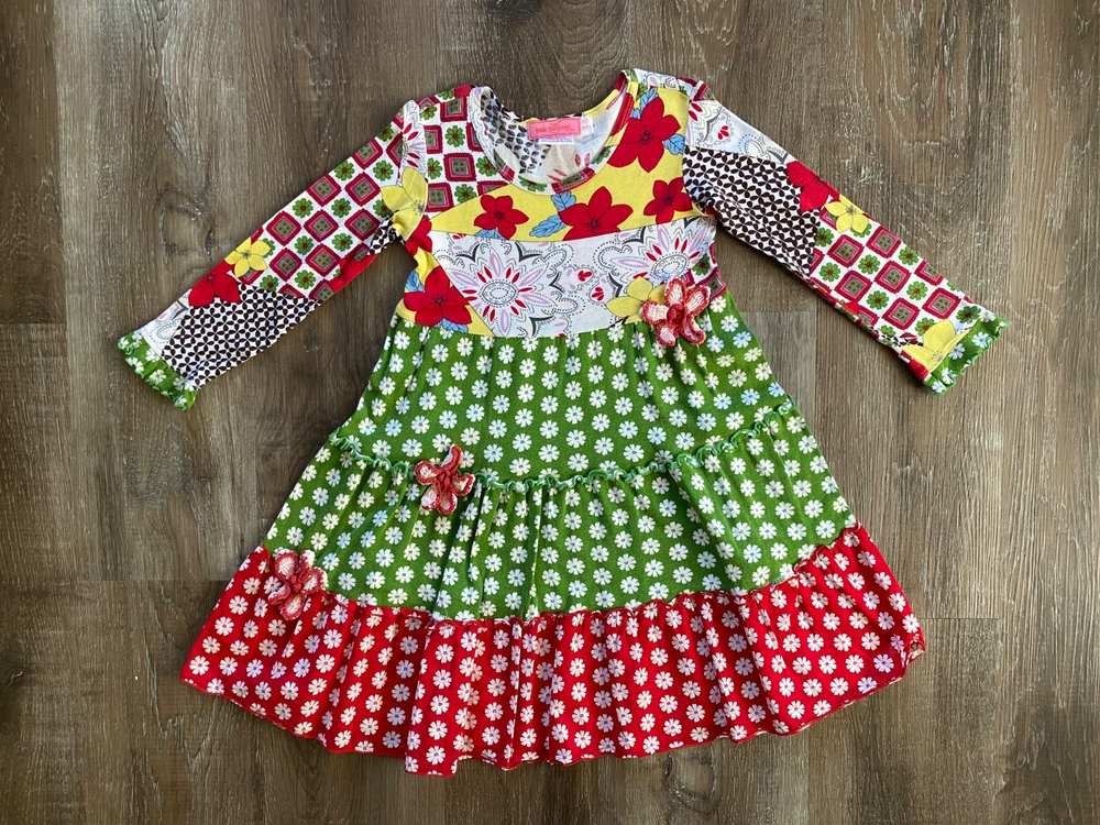 PINK TANGERINE Boutique Red Floral Dress~Girls Size XS~5Y~5~l/s~Fit & Flare