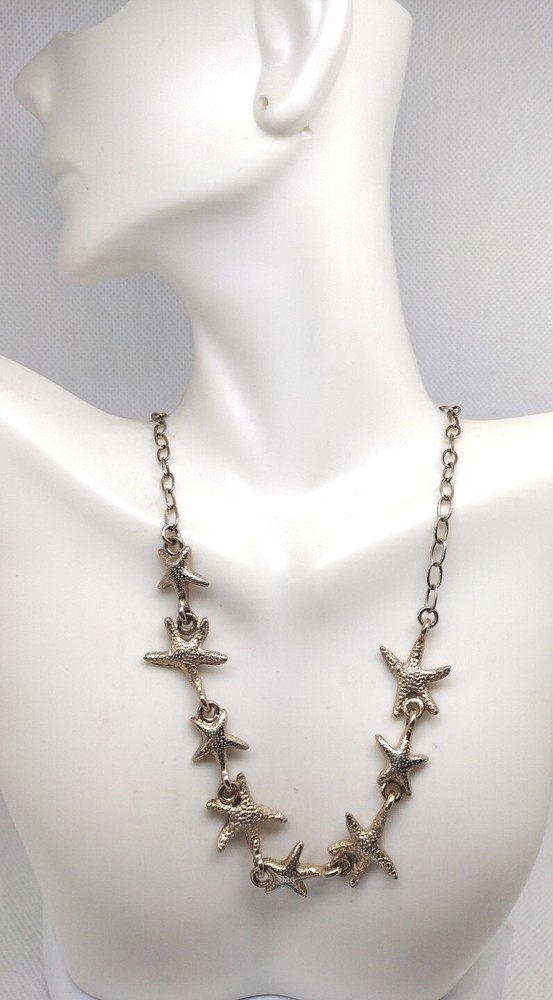 Gold Toned Chain Link Starfish Charms Necklace Jewelry Nautical Gift Ocean