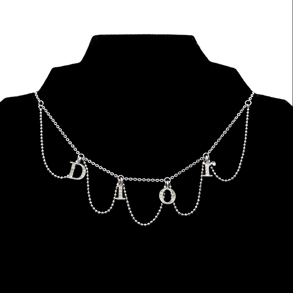 Vintage Christian Dior Rhinestone Pendant Chain Necklace Silver Tone