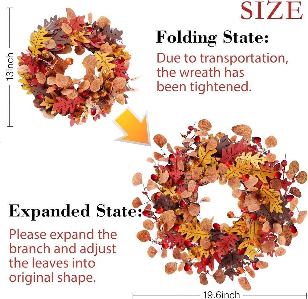 Z51 18in Fall Wreath Autumn Front Door Decor Artificial Harvest Wreath