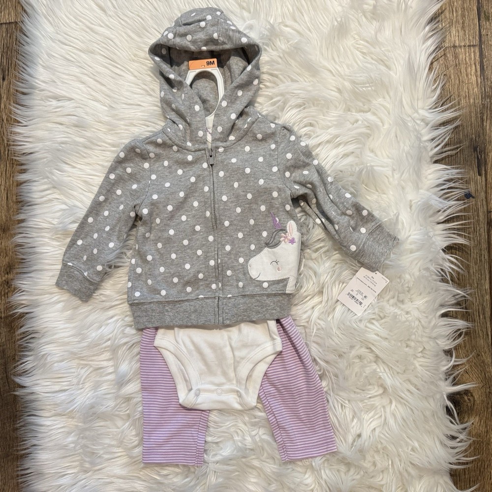 Carter’s Baby Girl 9M Unicorn Hoodie Outfit 3pc Gray Polka Dot Bodysuit Set