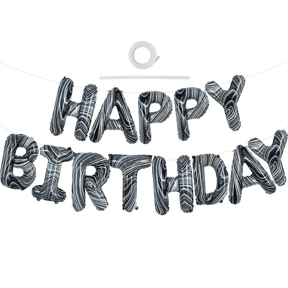 TONIFUL Black Marble Happy Birthday Balloons Banner16 Inch Mylar Foil Letters...