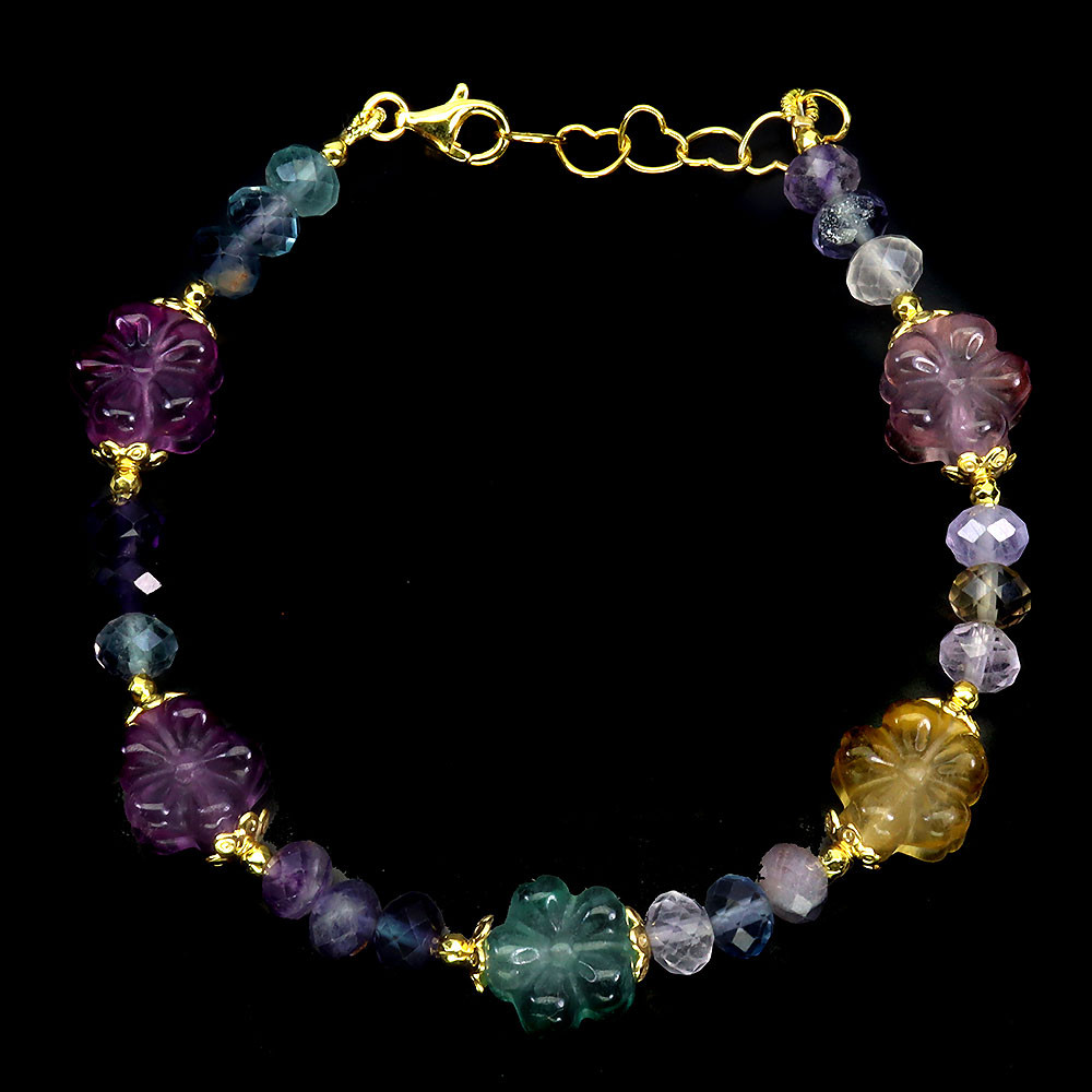 925 Sterling Silver Bracelet Fluorite Carving Natural Gemstone Jewelry 7inches