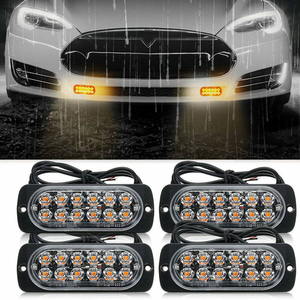 4PCS 12LED Amber Car Truck Flashing Beacon Warning Flash Hazard Strobe Light Bar