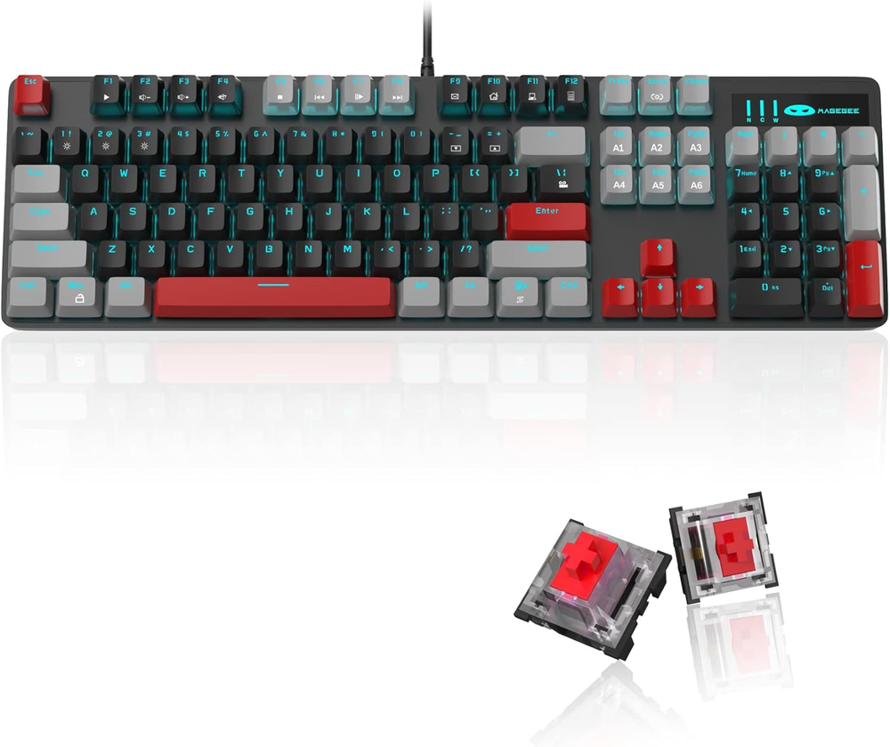Mechanical Gaming Keyboard with 104 Keys, Blue Backlit, Red Switches for Precision Gaming