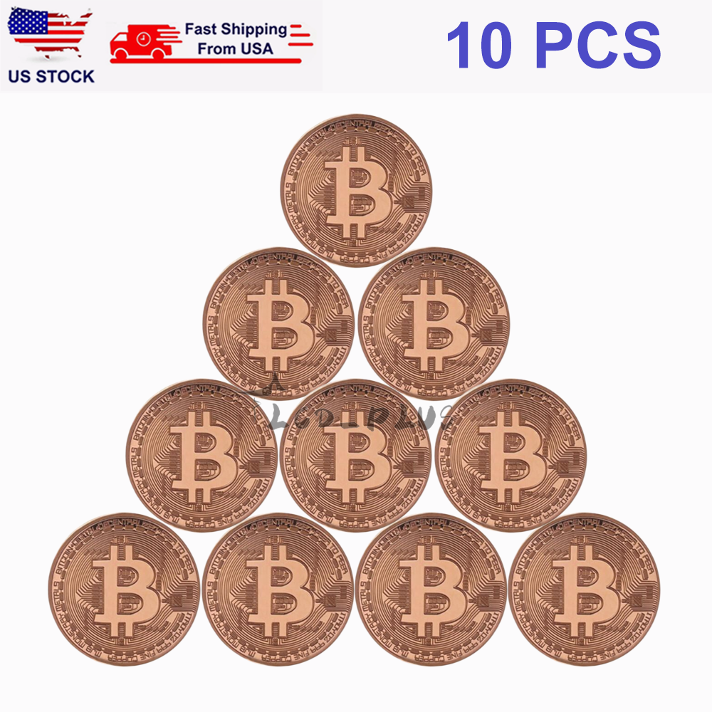 10Pcs Physical Rose Gold Bitcoin Commemorative Coin Plated Collectible Gift New