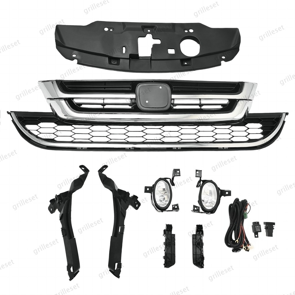 For CR-V 2010-2011 Complete Bumper Chrome Grille with Fog Light Kit & 4 Brackets