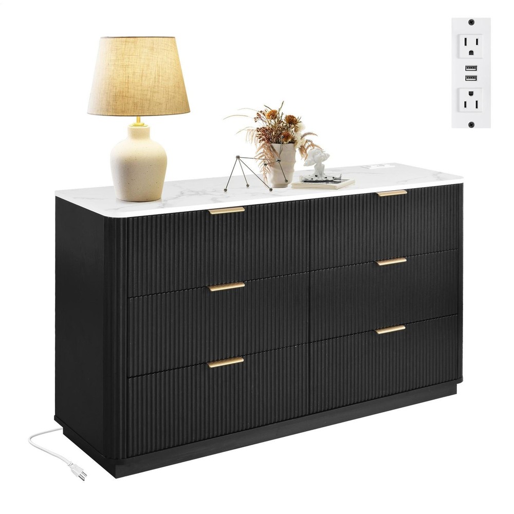 Large Dresser 6 Drawer Dressers TV Stand with Power Outlet & Faux Marble Top New