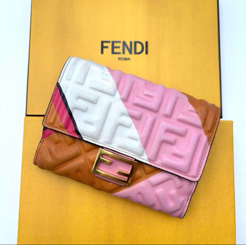 FENDI Bifold Baguette Wallet in Pink White Beige No Box Excellent Condition Ships From Japan