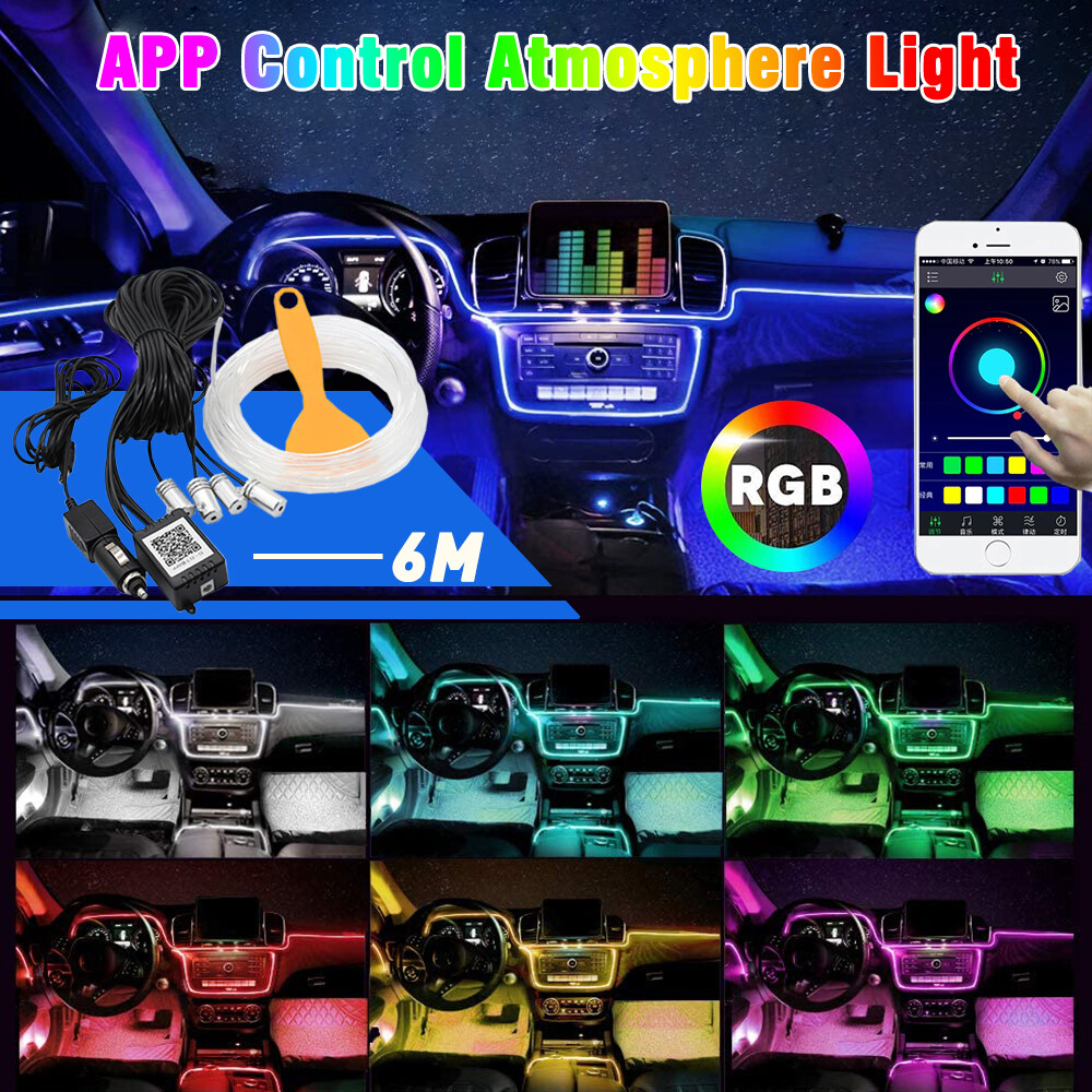 6M RGB LED Car Interior Fiber Optic Neon EL Wire Strip Atmosphere Light Kit APP