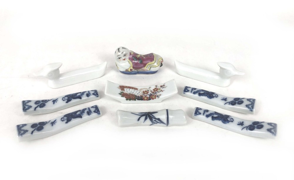 Knife Chopstick Rests Asian Theme Porcelain China 9 pcs Children Ducks Fans