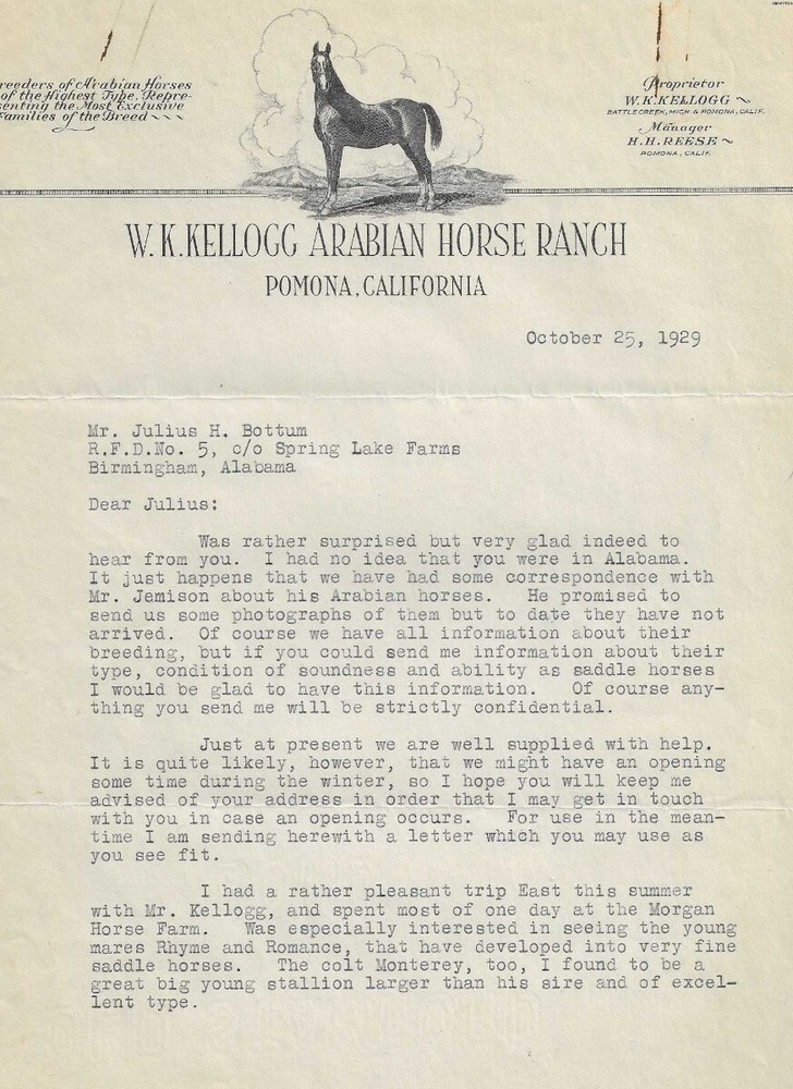 Pomona California W. K. Kellogg Arabian Horse Ranch correspondence 1929