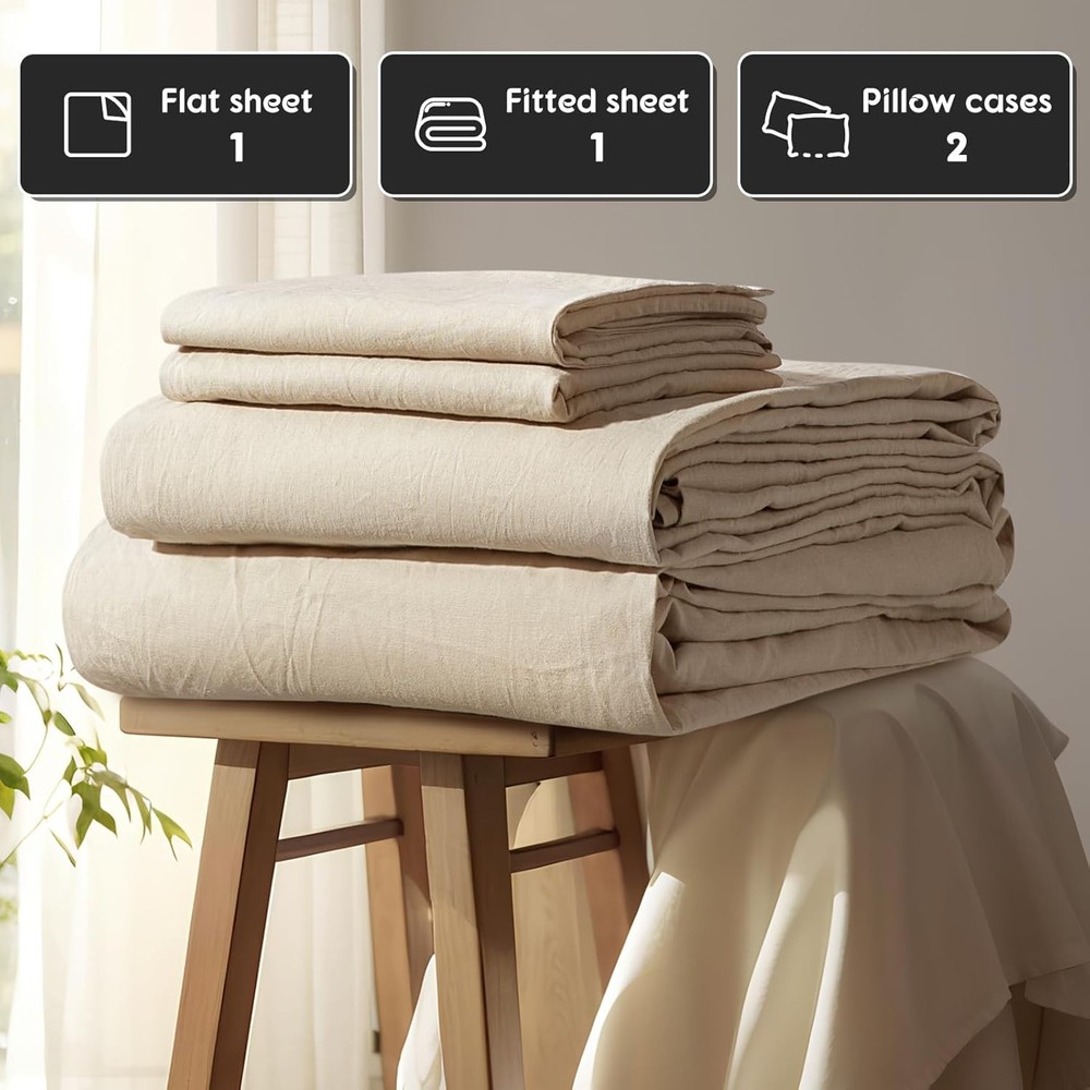 100% French Linen Sheets Queen Size Bed Sheets Breathable & Cooling 4 Pieces