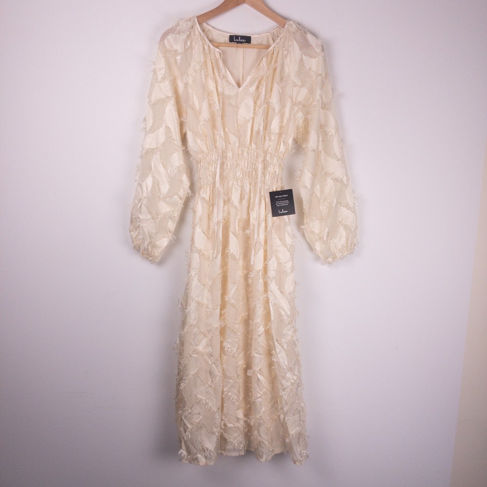NEW Lulus Women's XS It's A Love Story Midi Cream Fringe Balloon Sleeve Dress