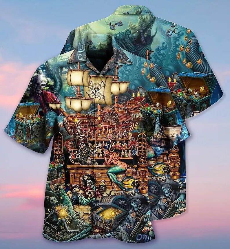Skull Pirate Treasure Night Hawaiian Shirt Soft Hawaii Shirts 3D Hawaiian