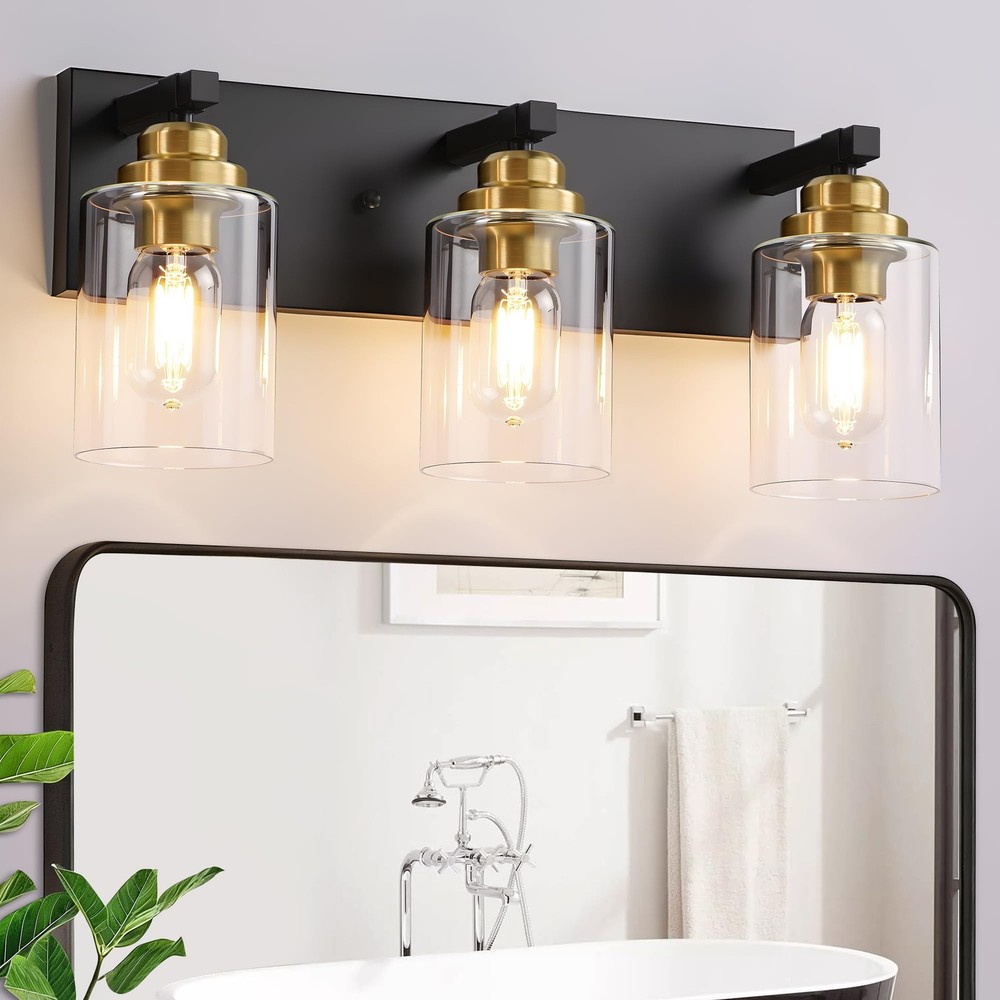 Black and Gold Bathroom Light Fixture, 3 Light Brushed Gold Vanity Light, 18....