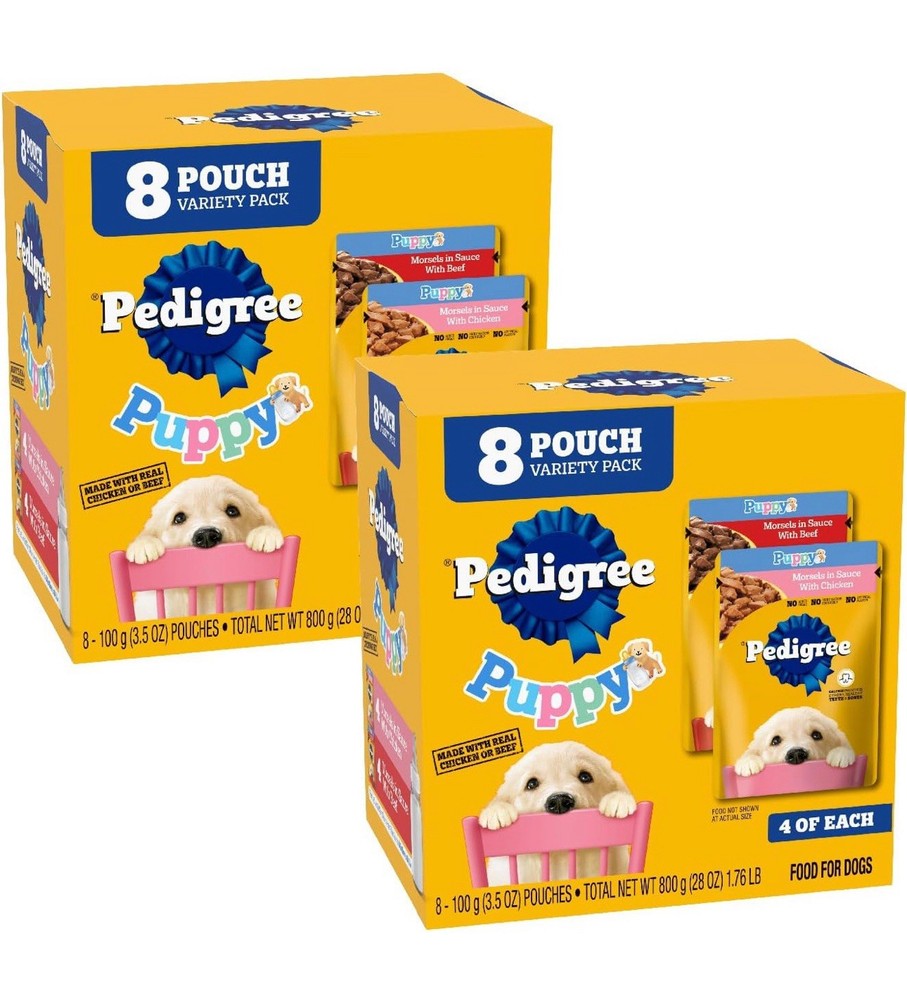 Pedigree Puppy Soft Wet Dog Food, 8-Count Variety Pack, 3.5 oz. Pouches, 2 pk