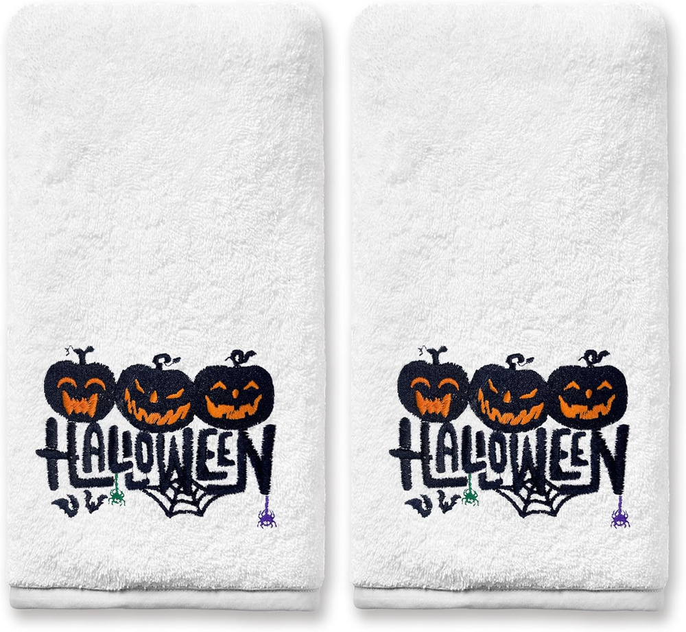 Halloween Pumpkin Cotton Embroidered Hand Towel Set of 2 for Kitchen