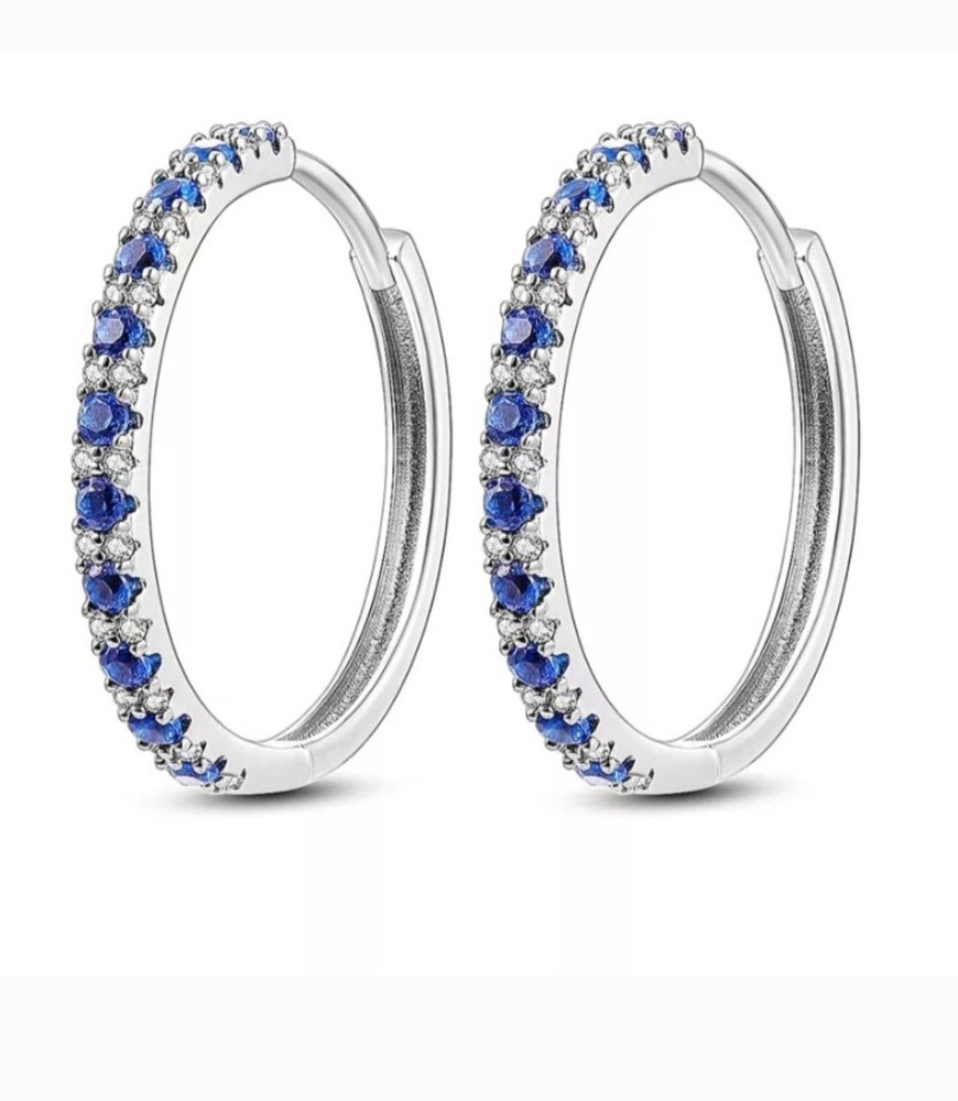 BLUE SAPPHIRE STERLING SILVER 925 WOMEN'S HOOP EARRINGS