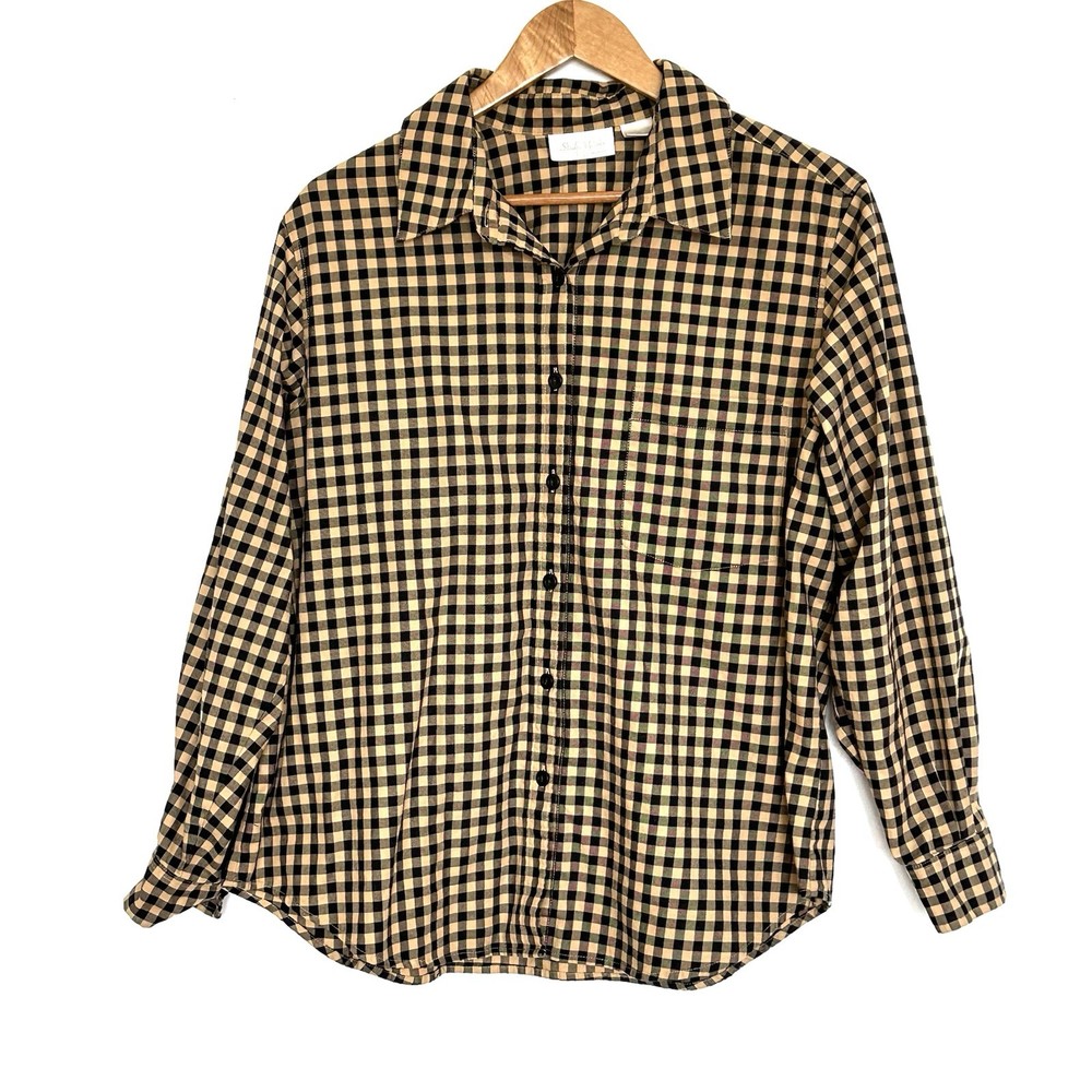 Studio Works Plus Shirt Women’s 1X Black Beige Cotton Button Up Long Sleeve Top