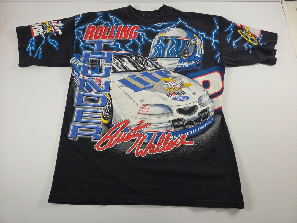 Vintage 1997 Rusty Wallace NASCAR T Shirt All Over Print Miller Lite Mens XL