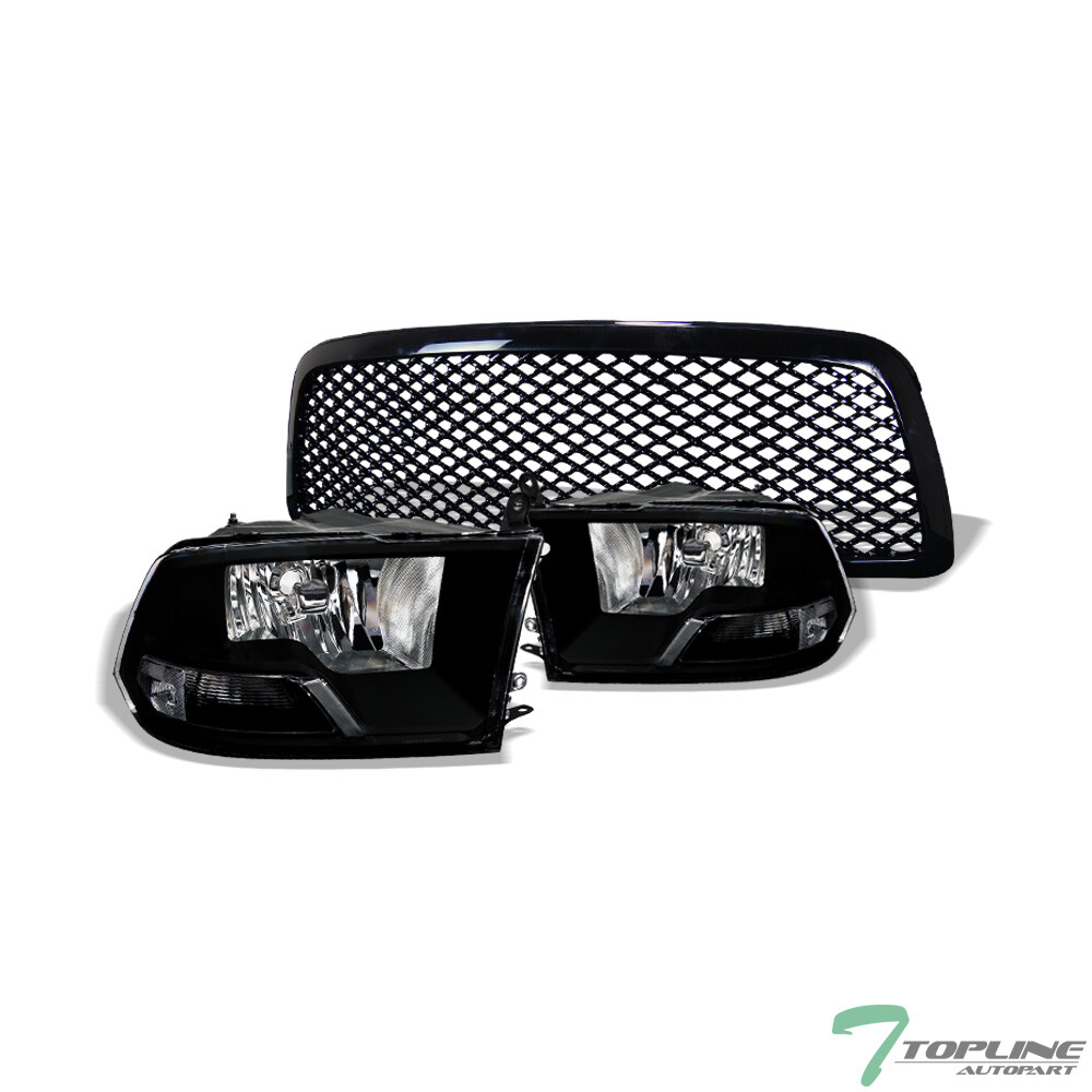 Topline For 2009-2012 Dodge Ram 1500 Dual Lamp Blk Headlights Signal+Mesh Grille