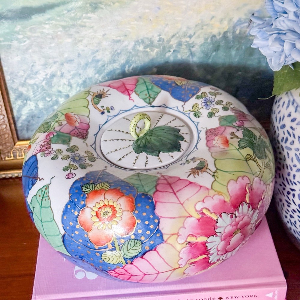 Vintage Tobacco Leaf Pumpkin Gourd Jar Porcelain Andrea Sadek Chinoiserie Rare