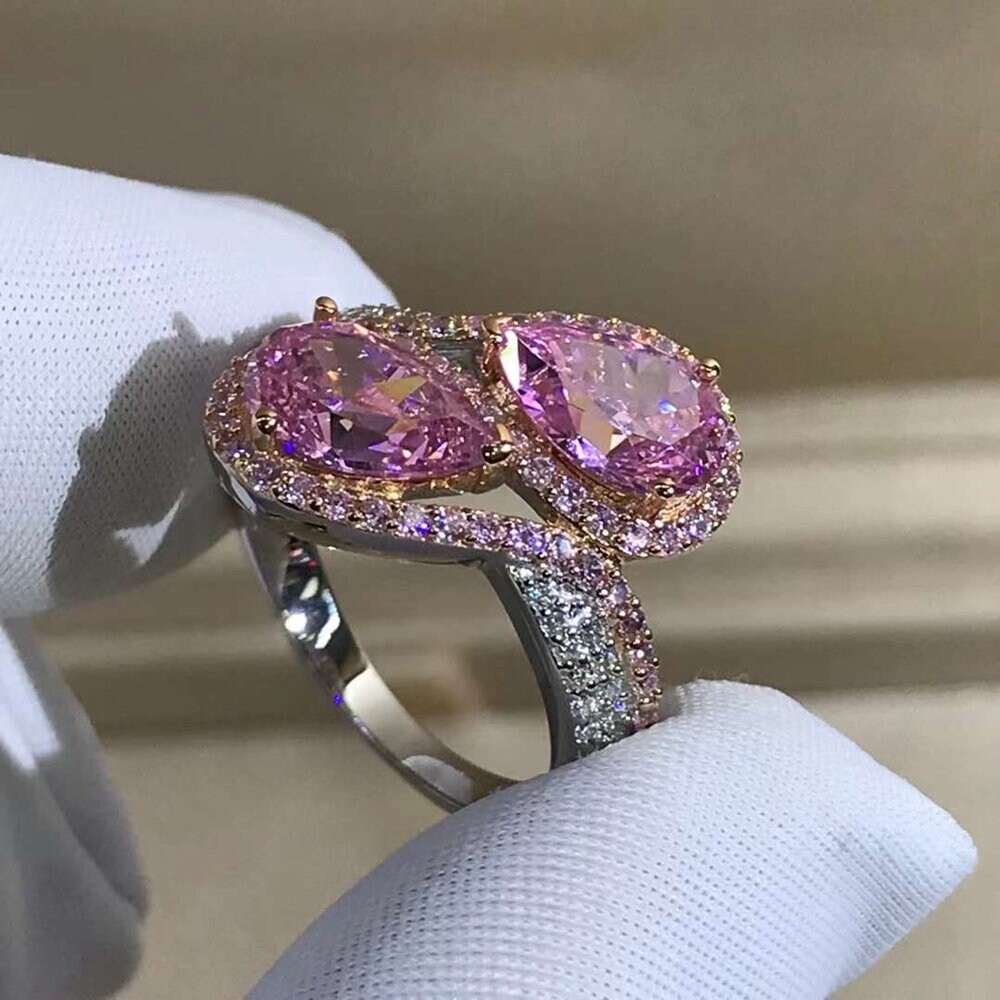 3 Carat Pink Pear Cut Two Stone Halo Bead-set Two-tone VVS 18K Moissanite Ring