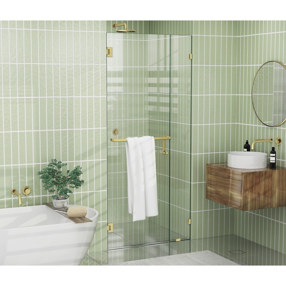 78x34 Inch Satin Brass Frameless Shower Door with Towel Bar - Glass Warehouse