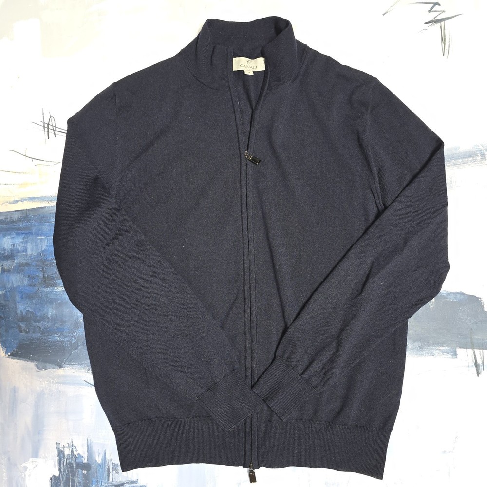 Canali Men's 100% Wool Full Zip Sweater Navy Blue 52 L