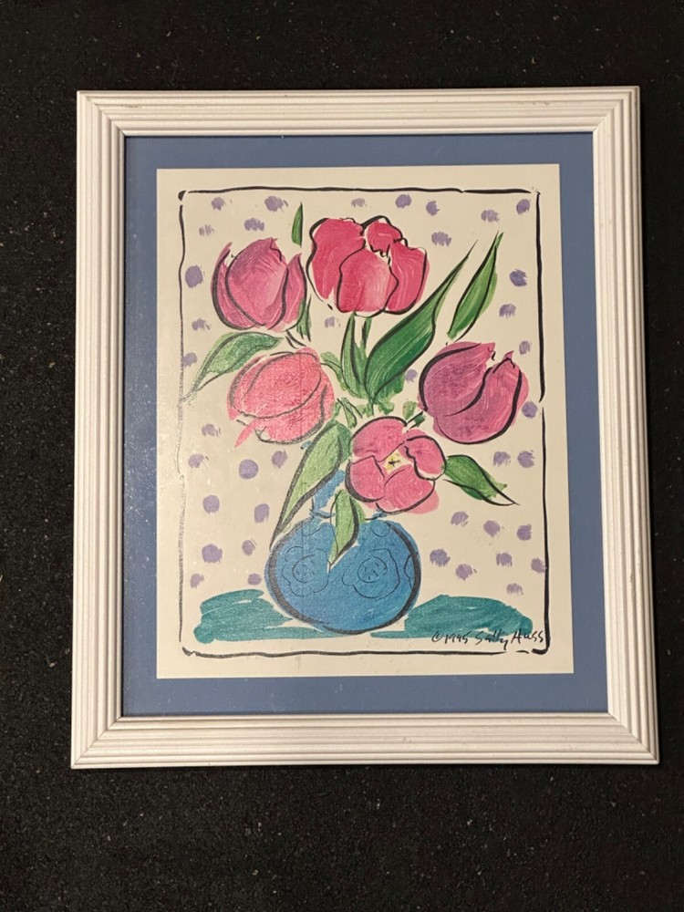 Sally Huss 1995 framed artwork flowers in blue vase