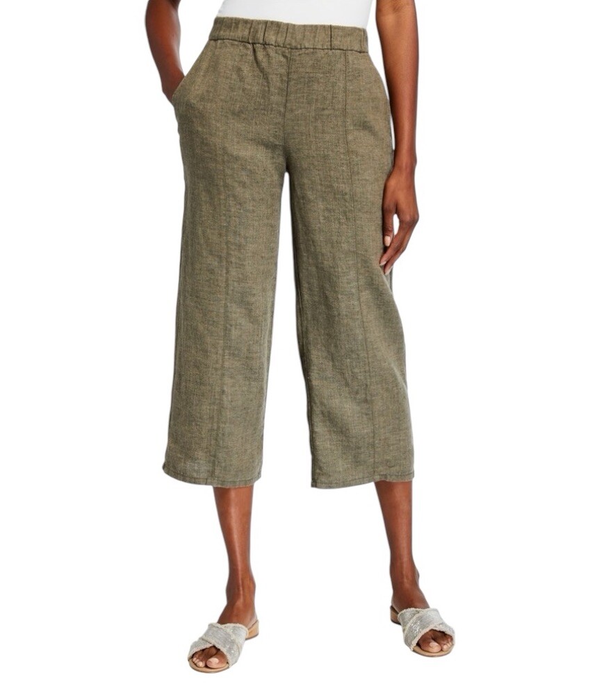 Eileen Fisher Olive Khaki Organic Linen Wide-Leg Cropped Pants Capri Size Small