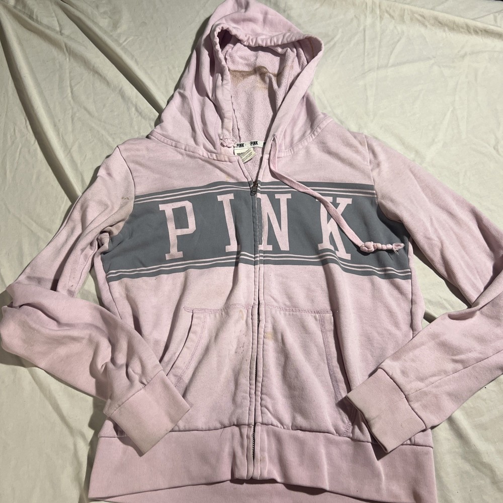 Women's VICTORIA SECRET Pink Gray Hoodie full zip Sweatshirt Size Medium