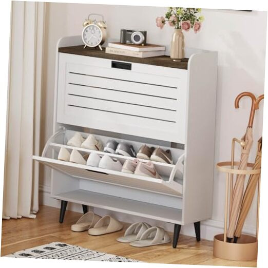 Shoe Cabinet with 2 Flip Drawers, Wooden Shoe Storage for Entryway, Modern