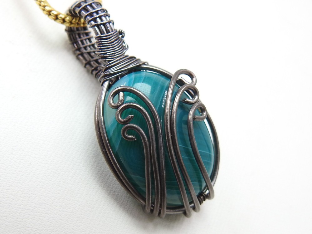 Green Strip Agate Brass Pendant Silver Oxidised Polished Wire Wrapped Jewelry