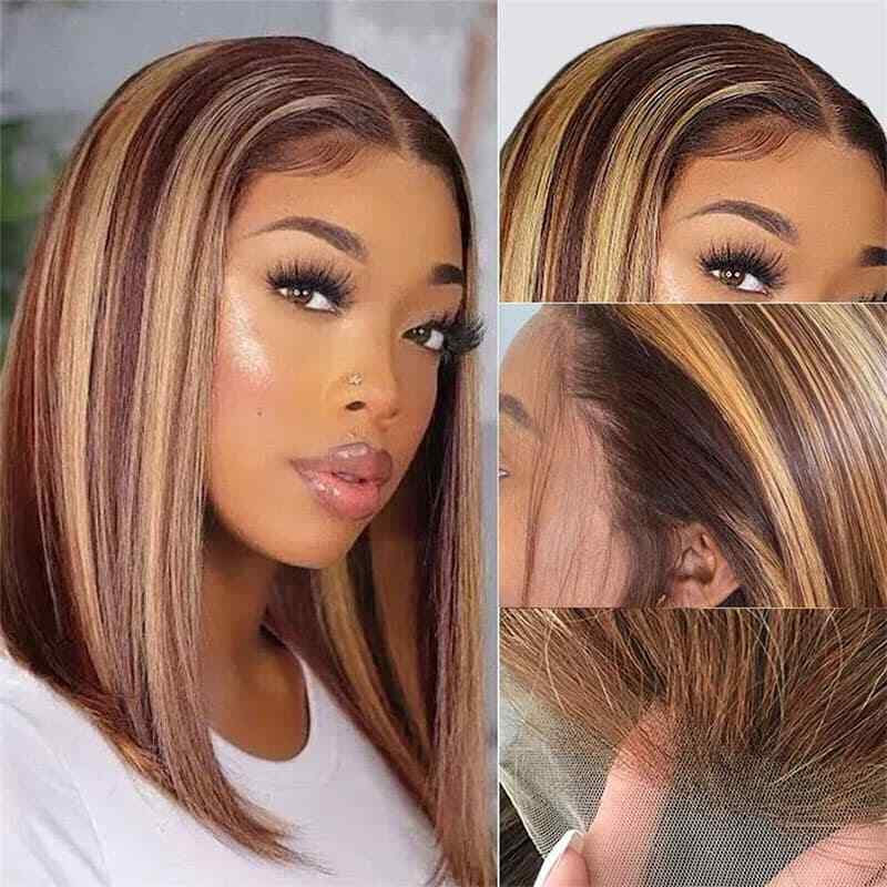 Straight Bob Highlight Wigs P4/27 Colored Human Hair Lace Bob Wig