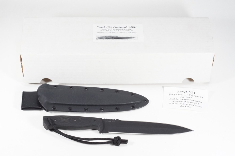 Entrek USA Commando MKII Dagger Knife, Black w/Black Kydex Sheath