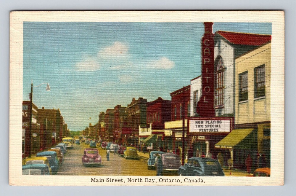 North Bay Canada, Main Street Capitol Theater 1940's Cars Vintage c1949 Postcard
