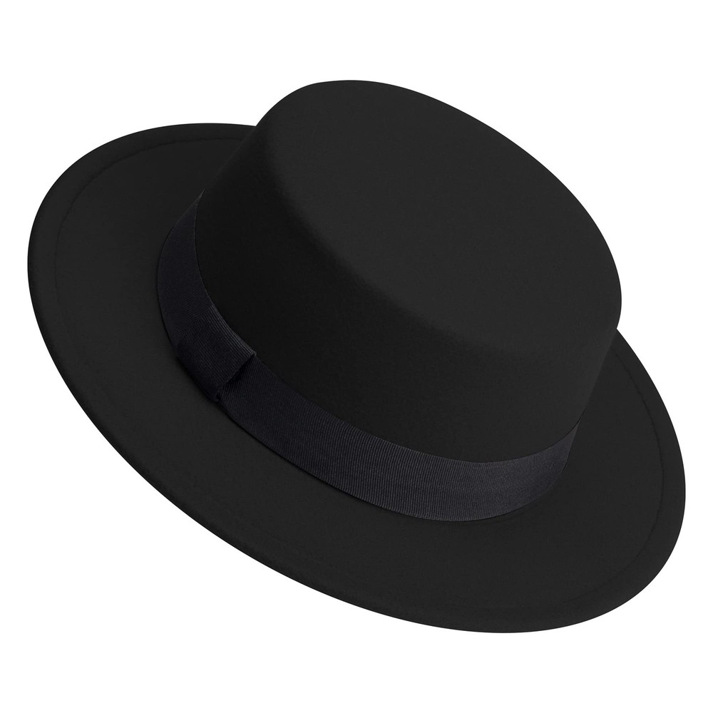 Classic Fedora Hat Flat Top Felt Pork Pie Wide Brim Medium, Black