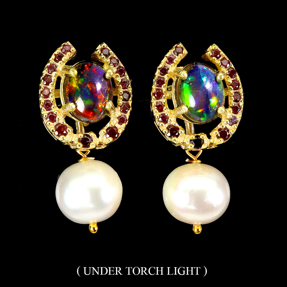 Valentine 925 Silver Earrings with Black Opal Rhodolite Pearl Gemstone Design