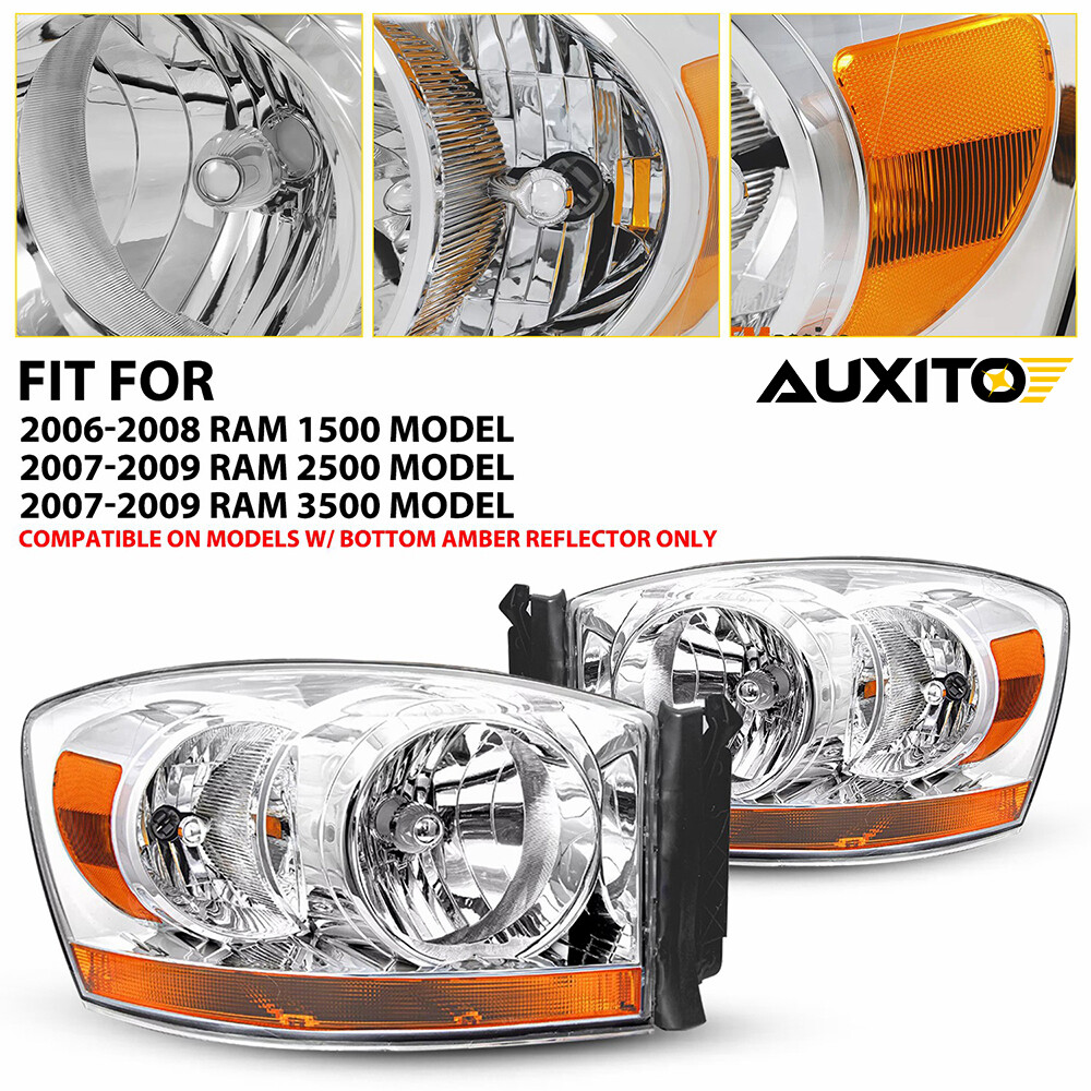 For 2006-2009 Dodge Ram 1500 2500 3500 w/Chrome Bezel Headlights Headlamps  12V