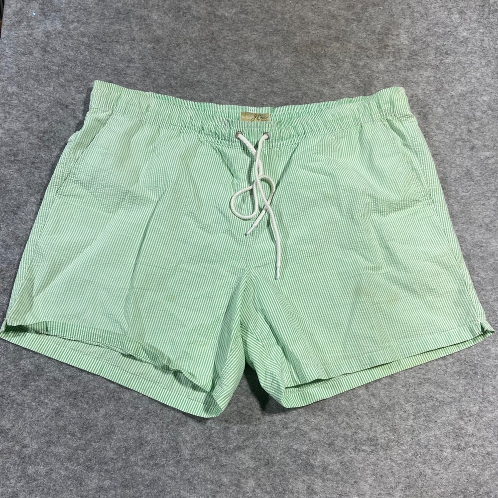 J.Crew Flex Swim Trunks Mens XL Green White Stripe Seersucker 5” Inseam Lined