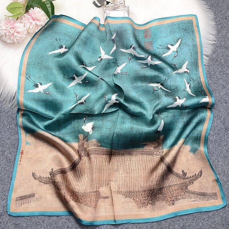 Mulberry Satin Silk Scarf with Crane Print 21