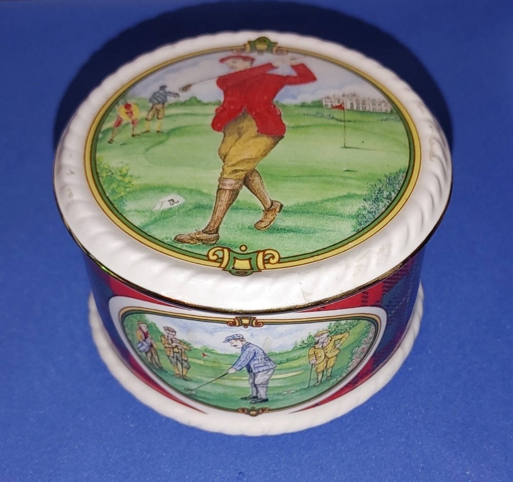 Windsor Porcelain Trinket Box featuring Old Fashioned Golfers Handcrafted in England