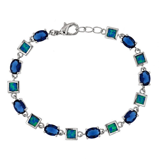 African Sapphire & Australian Opal Inlay 925 Sterling Silver Tennis Bracelet