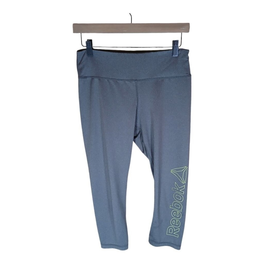 Reebok Womens Capri Leggings Gray Size Small Uellow Leg Logo Yoga Gym Athletic