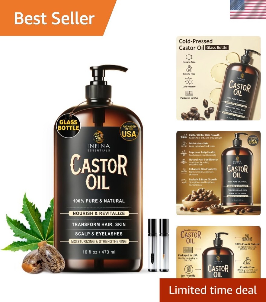 Organic Cold-Pressed Castor Oil for Hair Growth & Skin Care - 16oz Glass Bottle