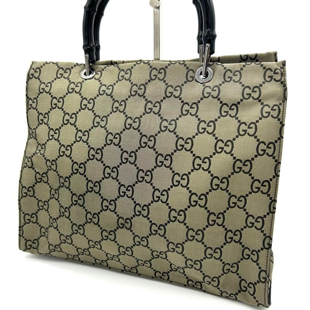 Gucci Bamboo GG Canvas Tote Bag Khaki 3-Compartment Handbag New