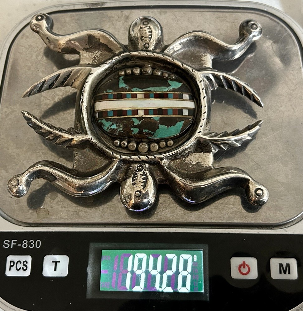 Important Navajo THREE HOGANS SHOP Huge Sterling Multi Gem Belt Buckle 194 Grams