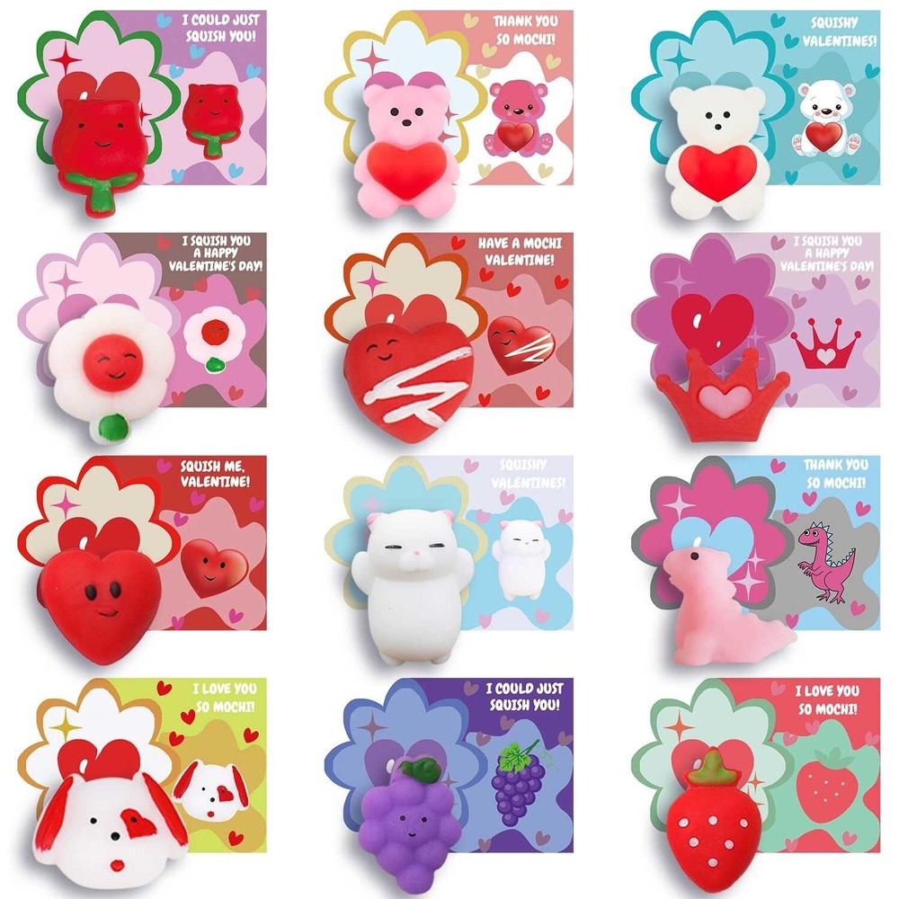 Valentines Day Cards Gifts for Kids, 24 PCS Mochi Squishy Party Favors Set wi...